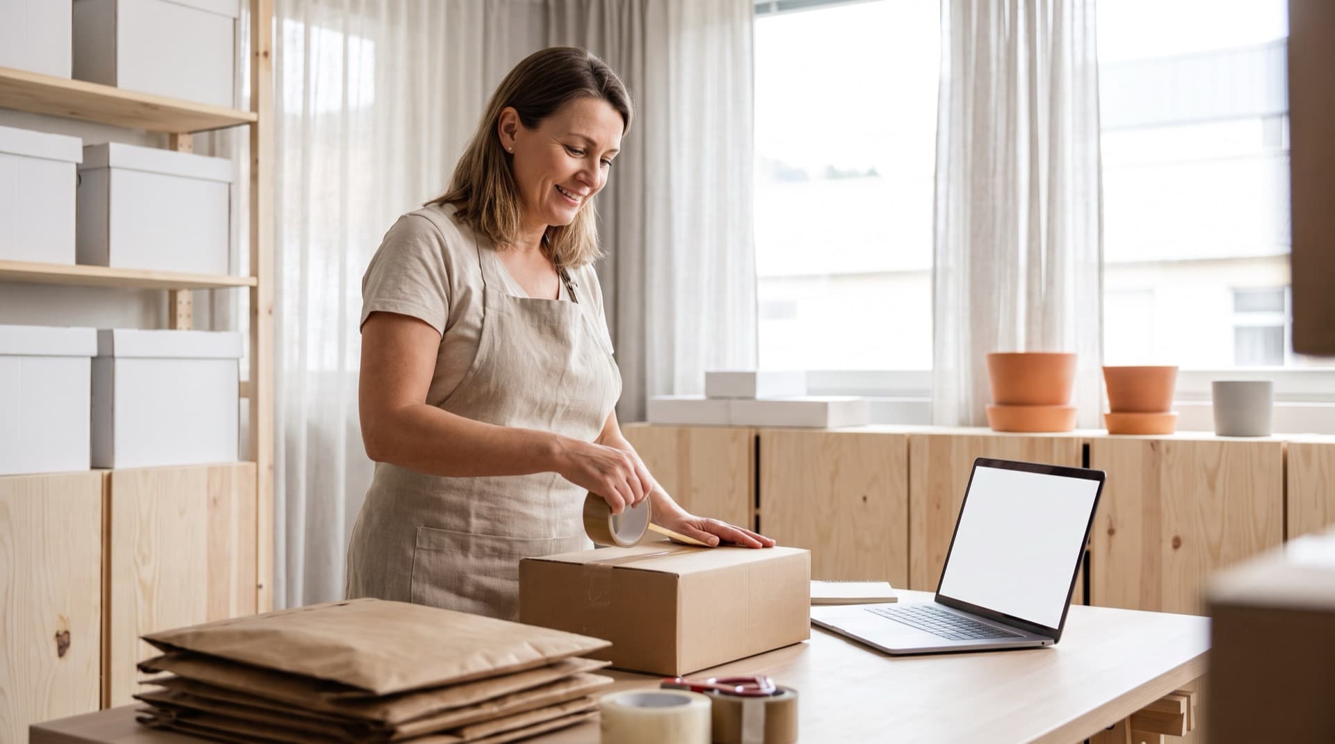 Händler verpackt ein Paket im hellen Lager